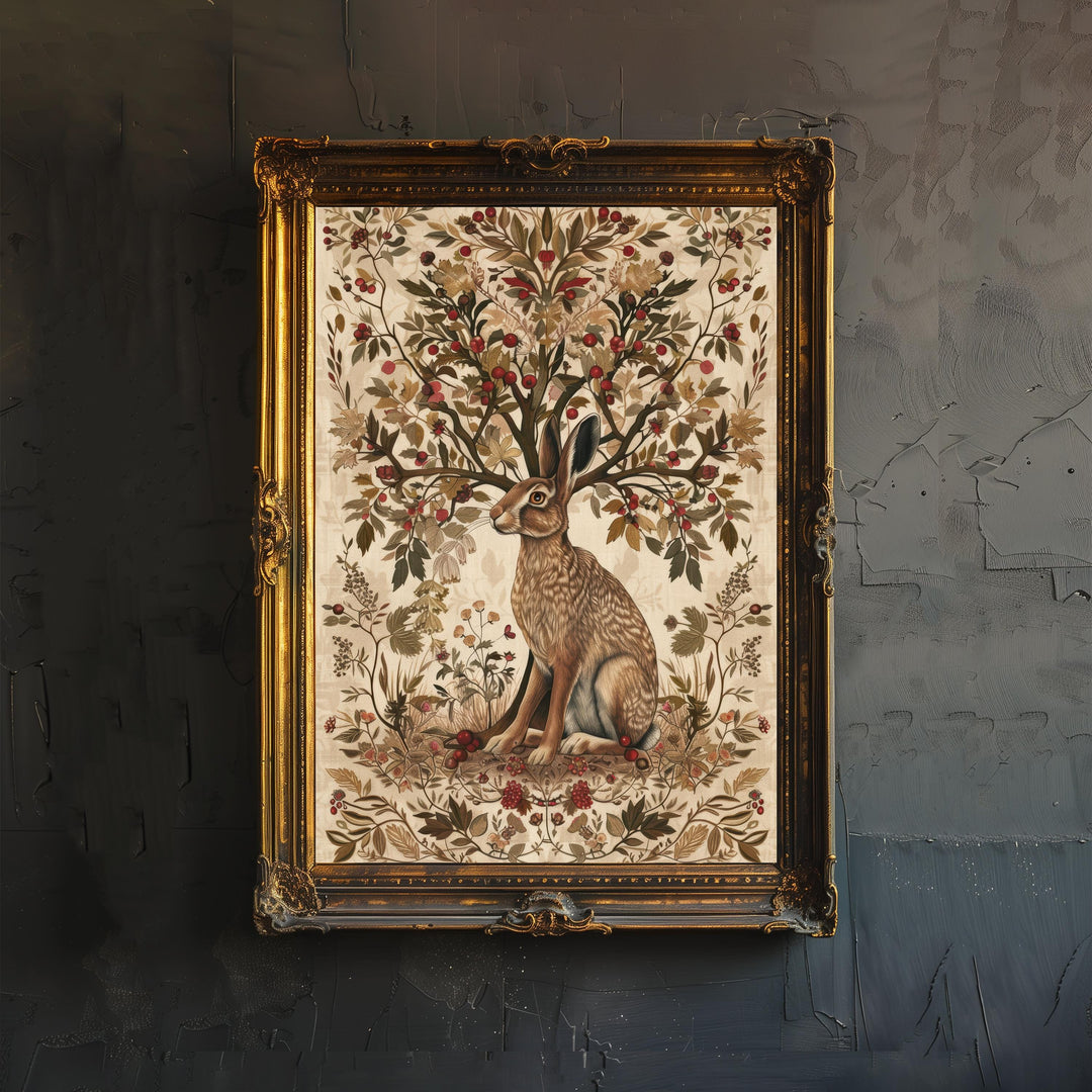 Hare and Hawthorn Tree Poster William Morris Style Cottagecore Art Vintage Nature Illustration Rustic Decor