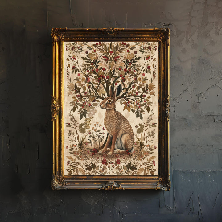 Hare and Hawthorn Tree Poster William Morris Style Cottagecore Art Vintage Nature Illustration Rustic Decor