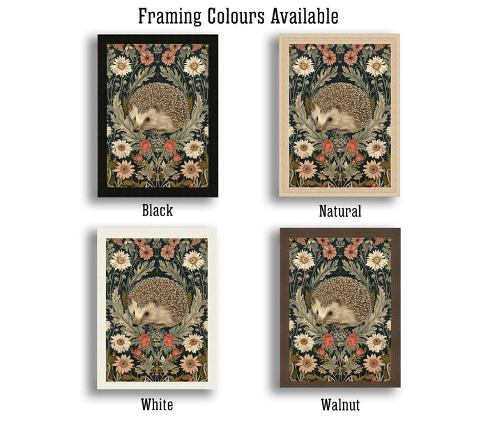 Hedgehog in a Floral Pattern Poster William Morris Style Cottagecore Art Vintage Nature Illustration Rustic Decor
