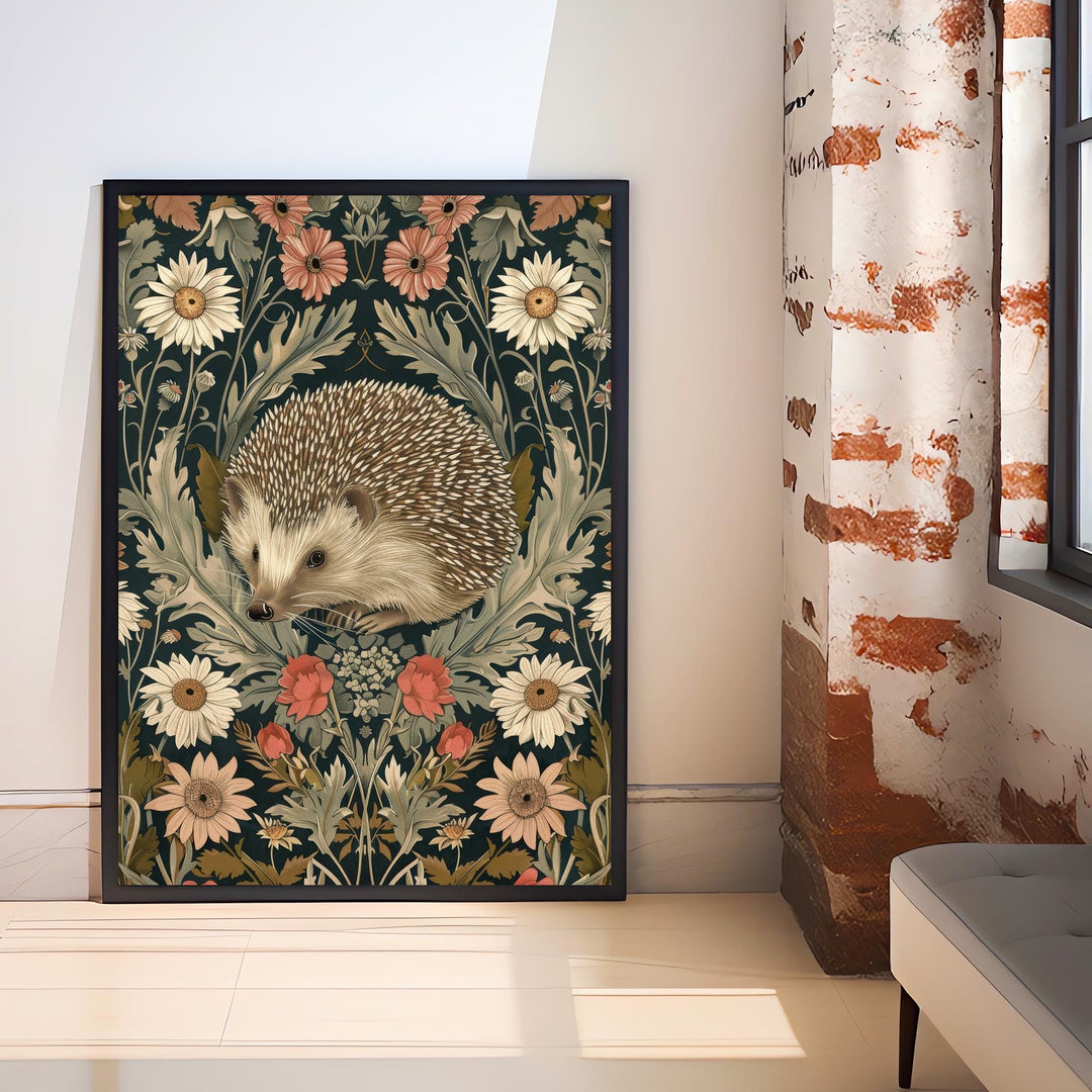 Hedgehog in a Floral Pattern Poster William Morris Style Cottagecore Art Vintage Nature Illustration Rustic Decor