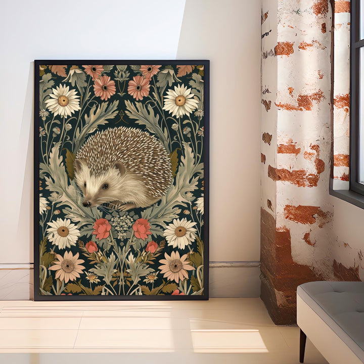 Hedgehog in a Floral Pattern Poster William Morris Style Cottagecore Art Vintage Nature Illustration Rustic Decor