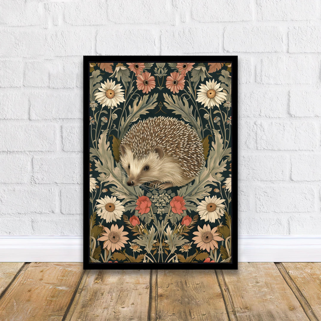 Hedgehog in a Floral Pattern Poster William Morris Style Cottagecore Art Vintage Nature Illustration Rustic Decor