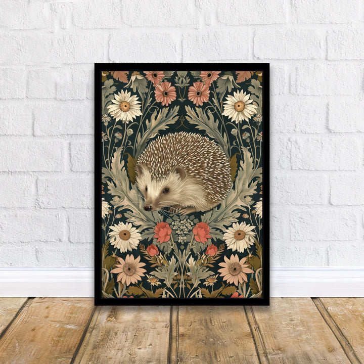 Hedgehog in a Floral Pattern Poster William Morris Style Cottagecore Art Vintage Nature Illustration Rustic Decor