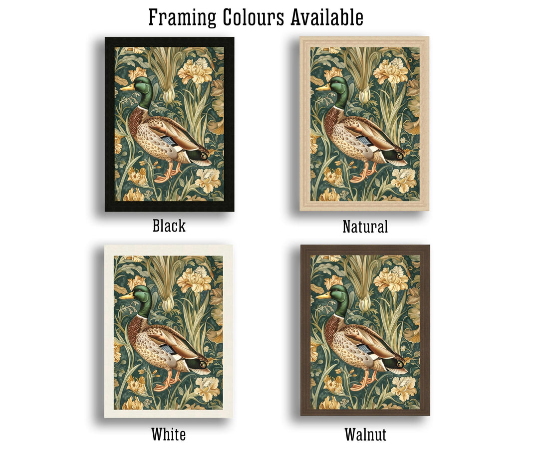 Mallard in a Floral Pattern Poster William Morris Style Cottagecore Art Vintage Nature Illustration Rustic Decor