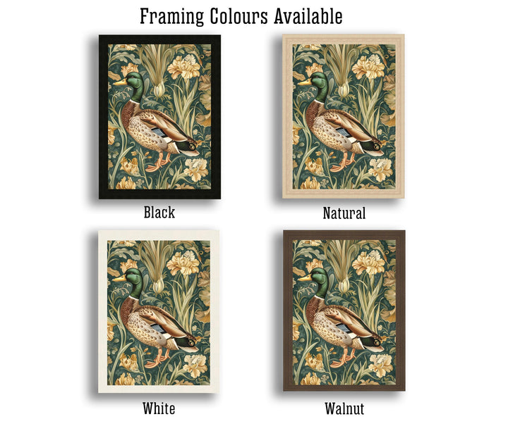 Mallard in a Floral Pattern Poster William Morris Style Cottagecore Art Vintage Nature Illustration Rustic Decor