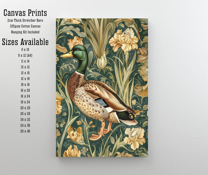 Mallard in a Floral Pattern Poster William Morris Style Cottagecore Art Vintage Nature Illustration Rustic Decor