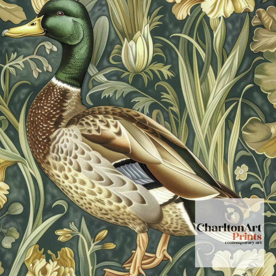 Mallard in a Floral Pattern Poster William Morris Style Cottagecore Art Vintage Nature Illustration Rustic Decor