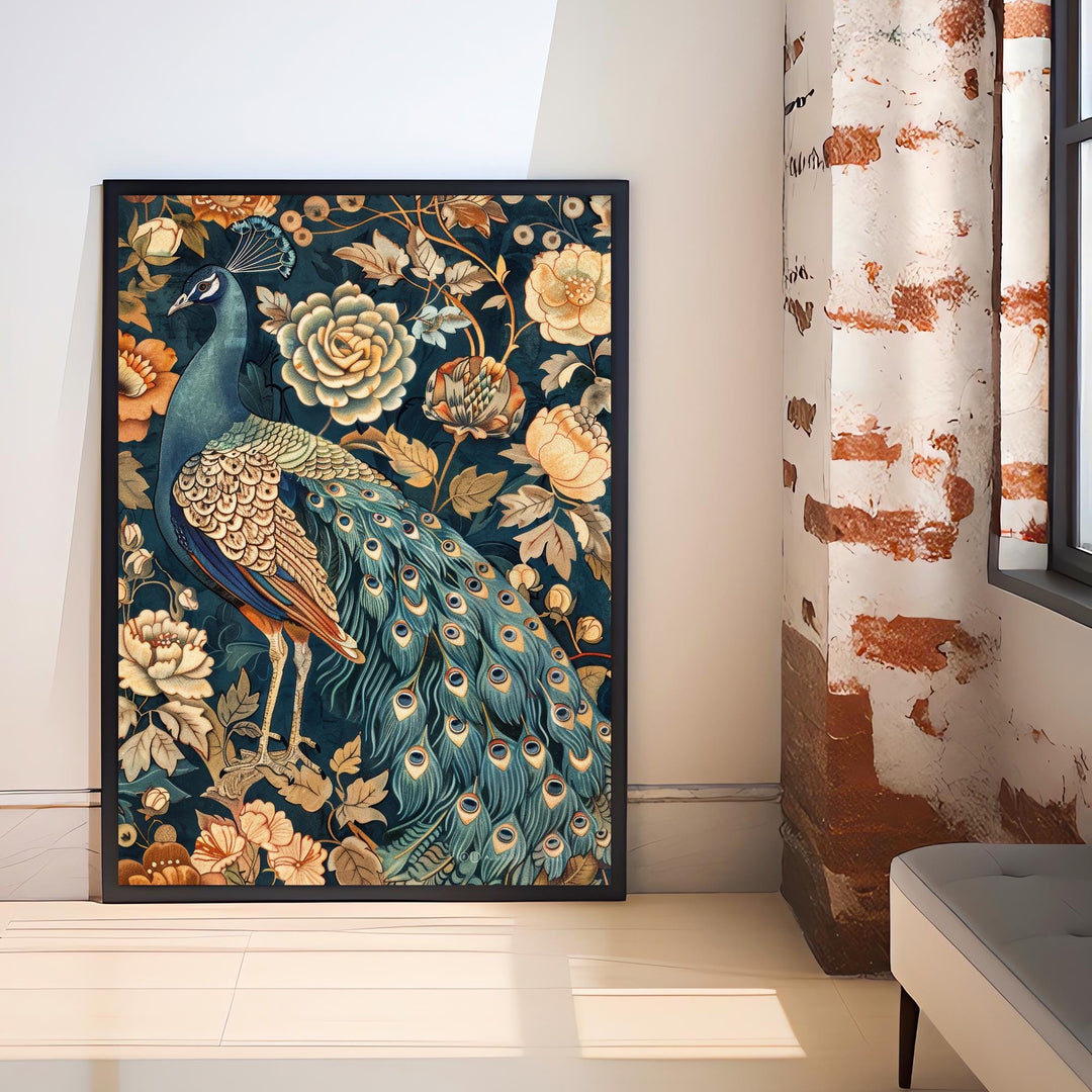 Peacock in a Floral Pattern Poster William Morris Style Cottagecore Art Vintage Nature Illustration Rustic Decor