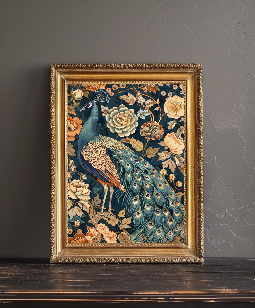 Peacock in a Floral Pattern Poster William Morris Style Cottagecore Art Vintage Nature Illustration Rustic Decor