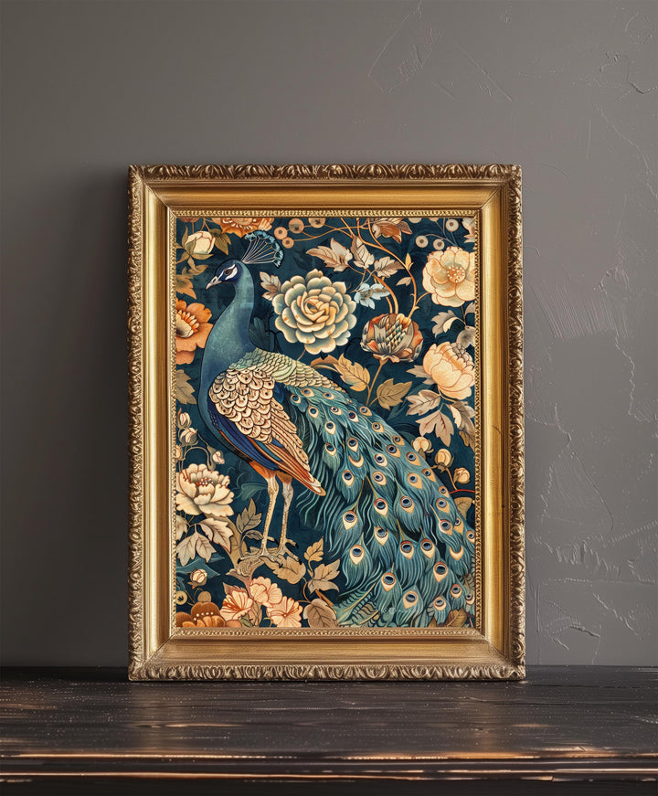 Peacock in a Floral Pattern Poster William Morris Style Cottagecore Art Vintage Nature Illustration Rustic Decor