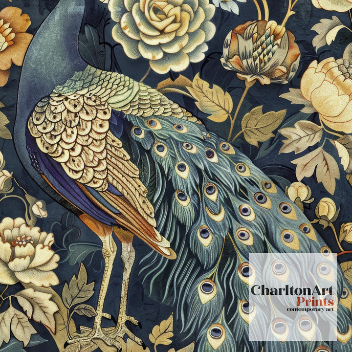Peacock in a Floral Pattern Poster William Morris Style Cottagecore Art Vintage Nature Illustration Rustic Decor