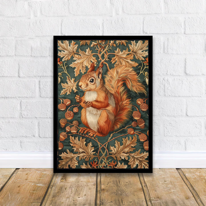 Red Squirrel in a Floral Pattern Poster William Morris Style Cottagecore Art Vintage Nature Illustration Rustic Decor