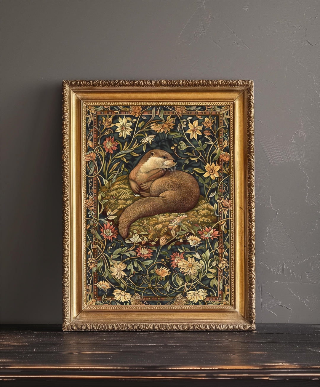 Otter in a Floral Pattern Poster William Morris Style Cottagecore Art Vintage Nature Illustration Rustic Decor