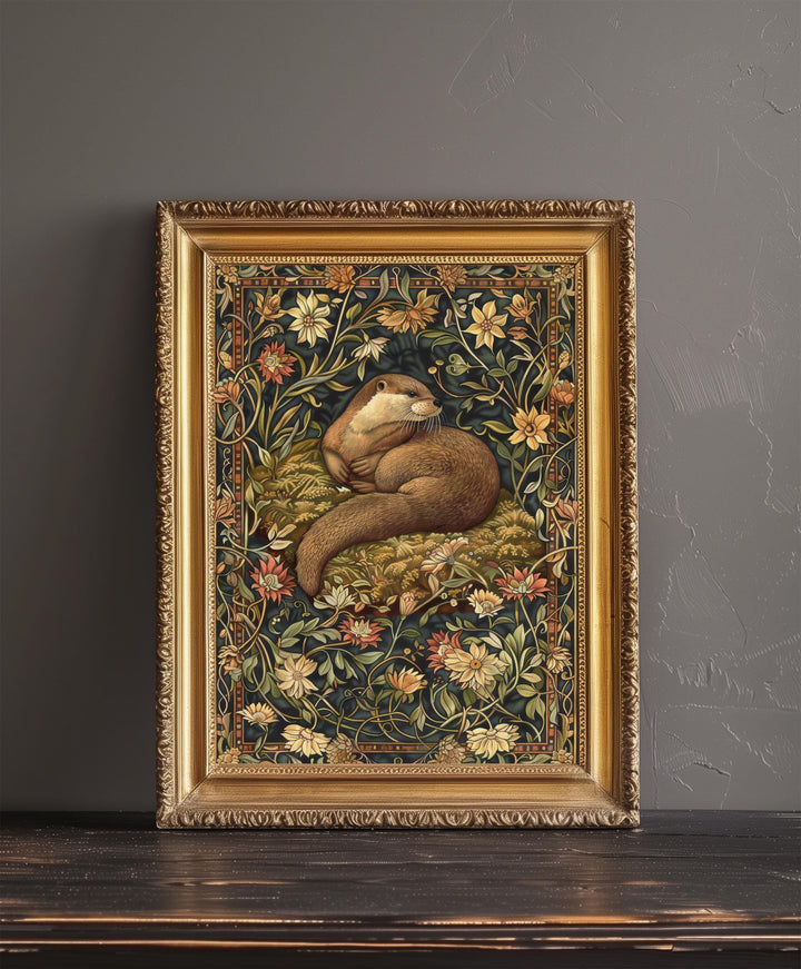 Otter in a Floral Pattern Poster William Morris Style Cottagecore Art Vintage Nature Illustration Rustic Decor