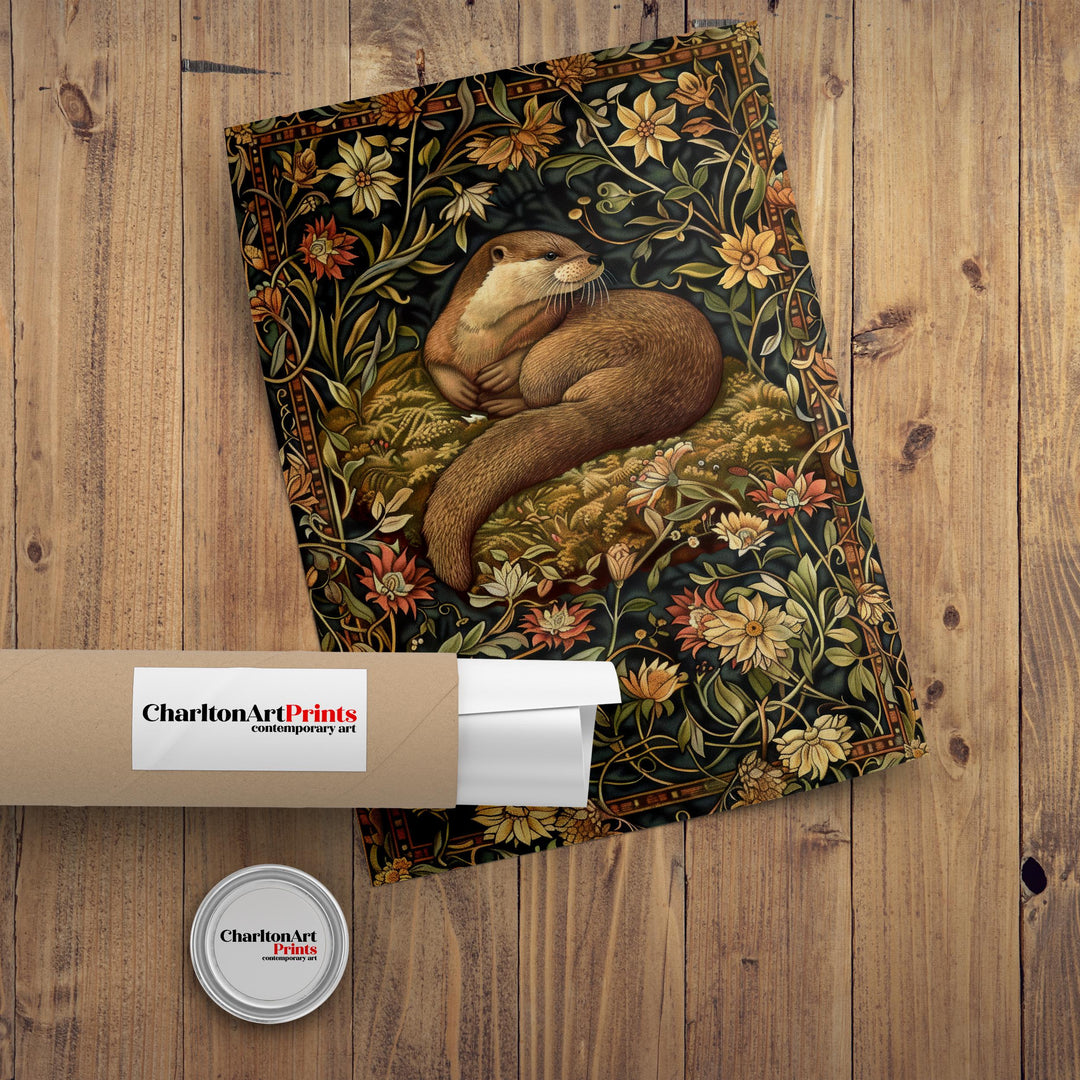 Otter in a Floral Pattern Poster William Morris Style Cottagecore Art Vintage Nature Illustration Rustic Decor