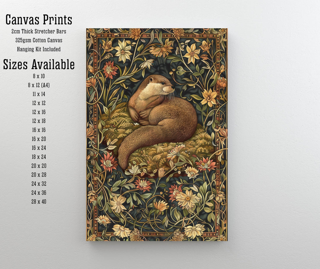 Otter in a Floral Pattern Poster William Morris Style Cottagecore Art Vintage Nature Illustration Rustic Decor