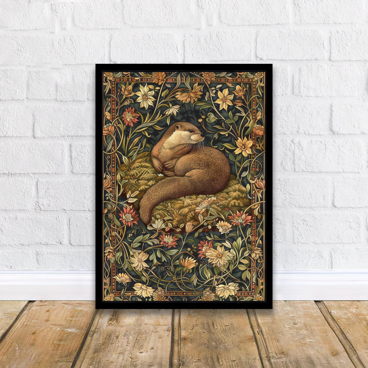 Otter in a Floral Pattern Poster William Morris Style Cottagecore Art Vintage Nature Illustration Rustic Decor