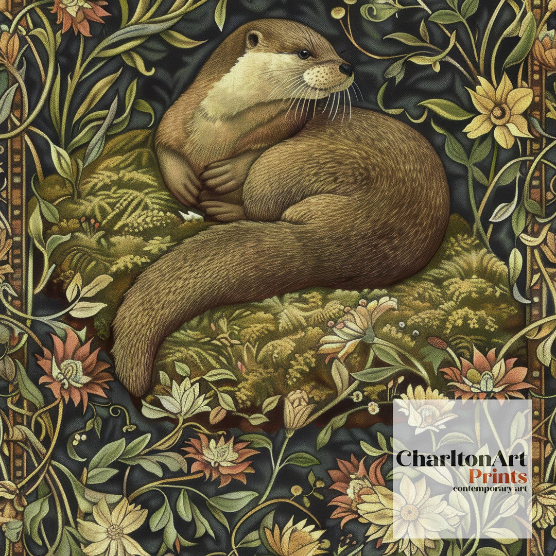 Otter in a Floral Pattern Poster William Morris Style Cottagecore Art Vintage Nature Illustration Rustic Decor