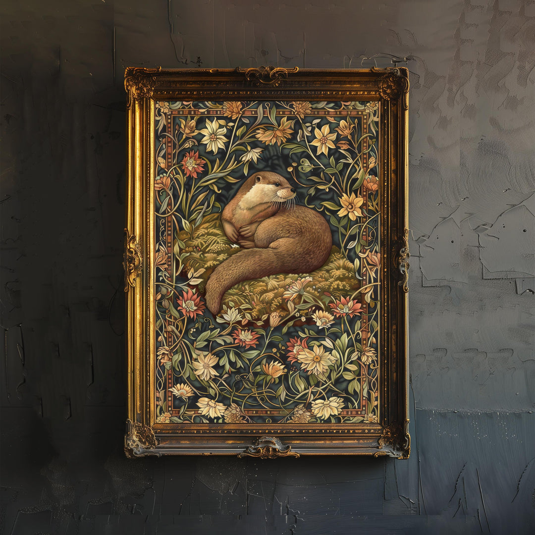 Otter in a Floral Pattern Poster William Morris Style Cottagecore Art Vintage Nature Illustration Rustic Decor