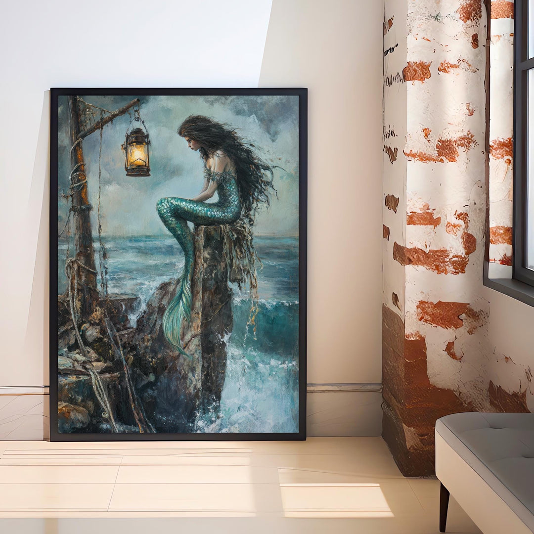 Mermaid Siren on the Rocks Poster Ocean Mythical Art Coastal Decor Dark Academia Illustration Magical Sea Print
