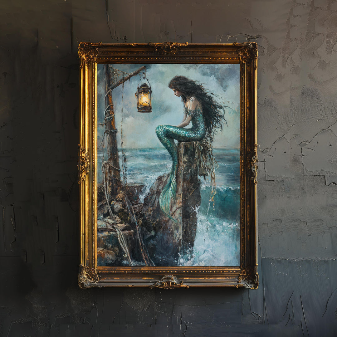 Mermaid Siren on the Rocks Poster Ocean Mythical Art Coastal Decor Dark Academia Illustration Magical Sea Print