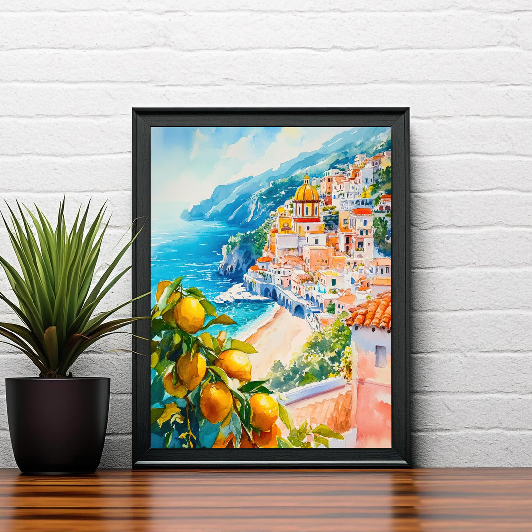 Amalfi Coast Watercolor Painting Italy Wall Art Mediterranean Coastal Print Scenic Landscape Decor Gift for Europe Lovers and Travel