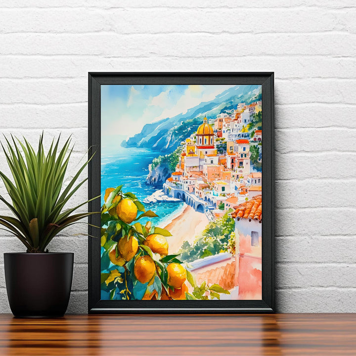 Amalfi Coast Watercolor Painting Italy Wall Art Mediterranean Coastal Print Scenic Landscape Decor Gift for Europe Lovers and Travel