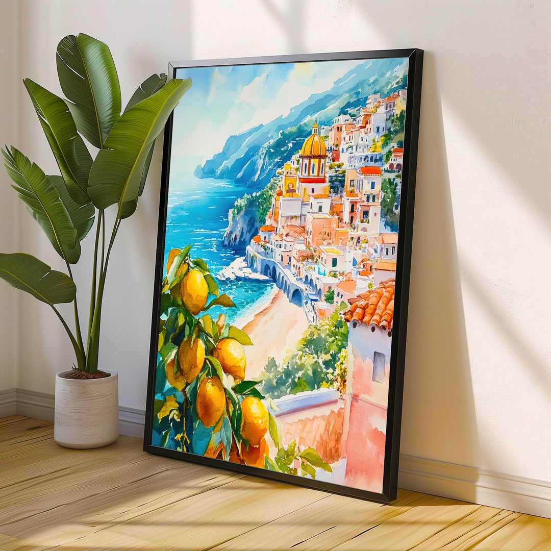 Amalfi Coast Watercolor Painting Italy Wall Art Mediterranean Coastal Print Scenic Landscape Decor Gift for Europe Lovers and Travel