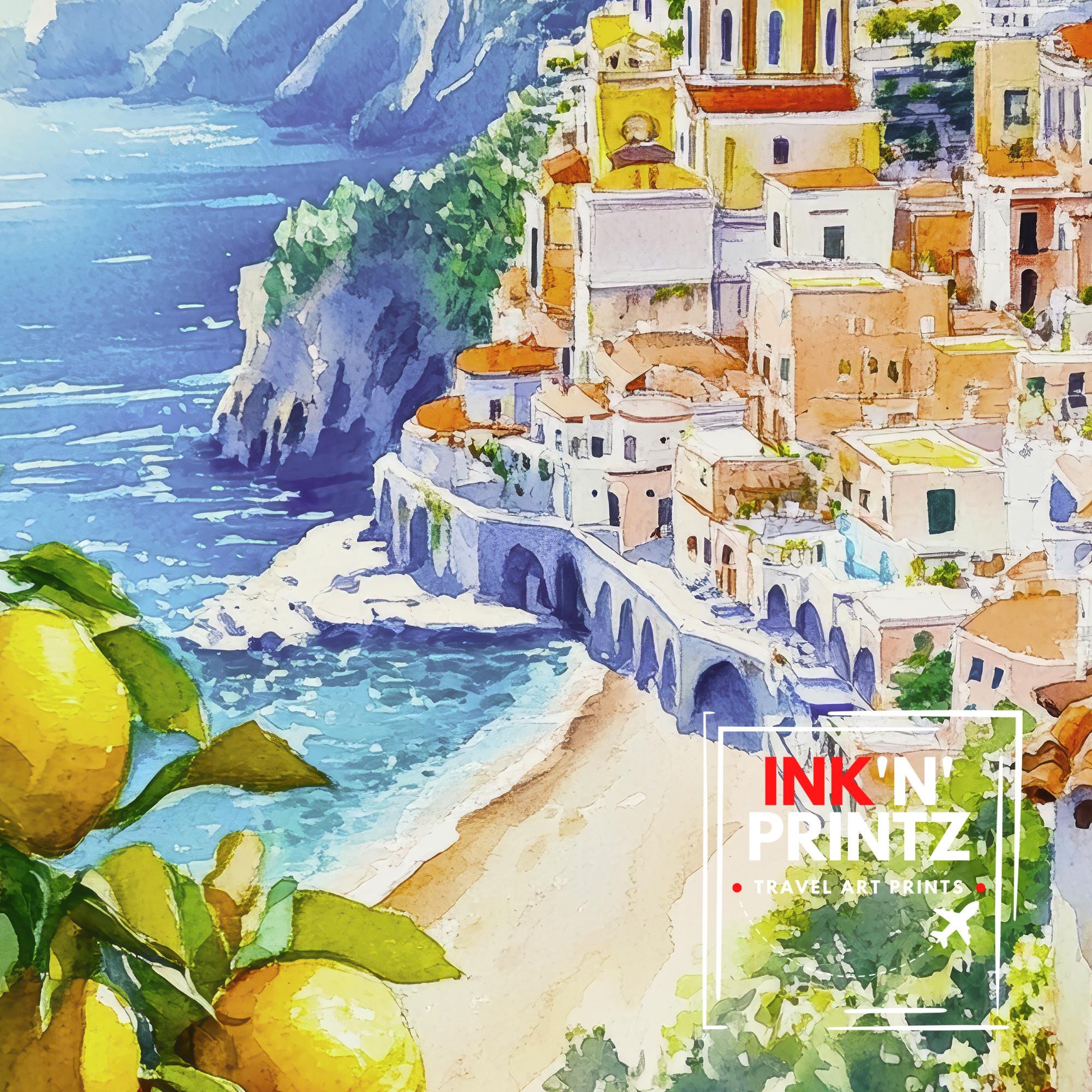 Amalfi Coast Watercolor Painting Italy Wall Art Mediterranean Coastal Print Scenic Landscape Decor Gift for Europe Lovers and Travel