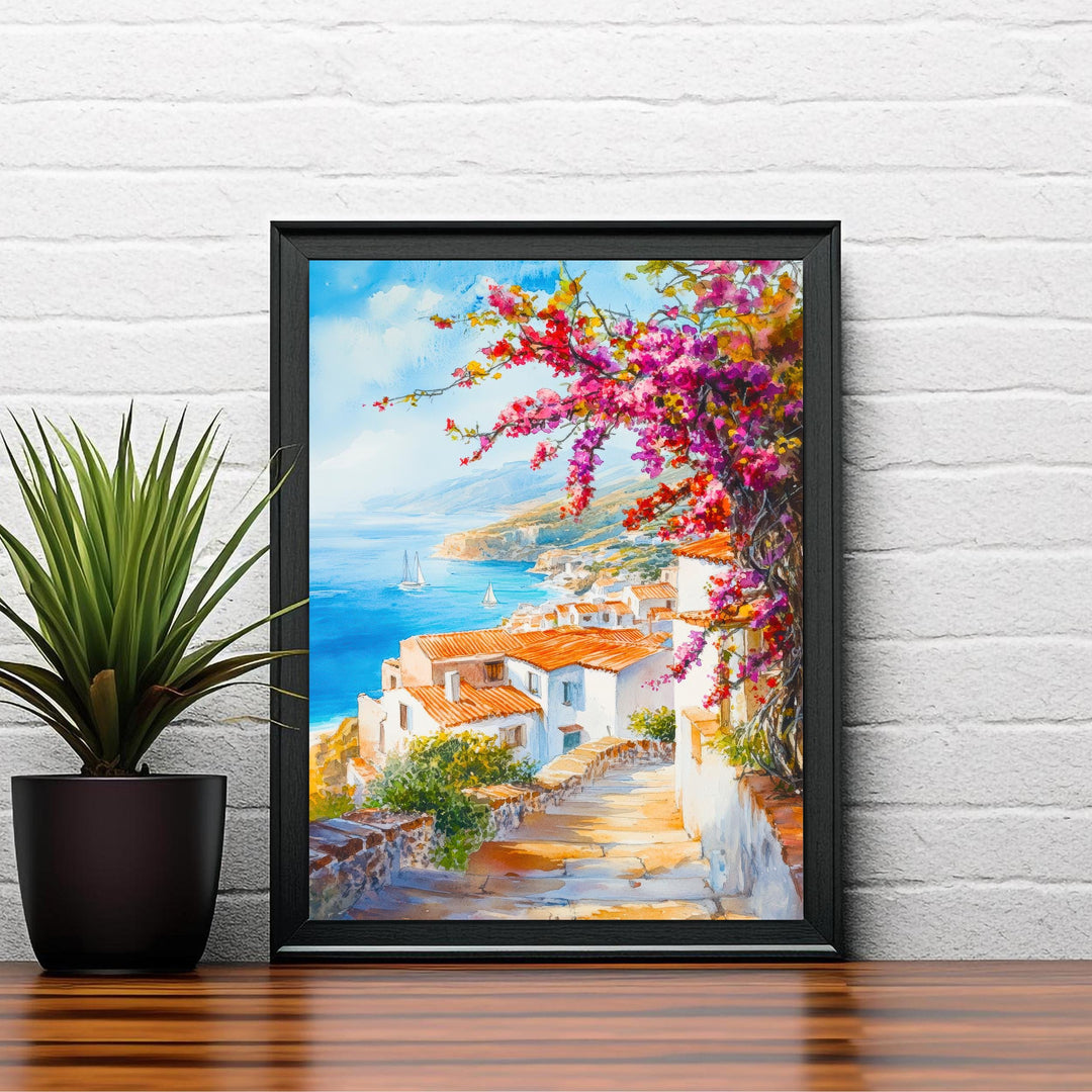 Crete Greece Watercolor Painting Mediterranean Island Wall Art Coastal Landscape Print Decor Gift for Europe Lovers and Greek Travel