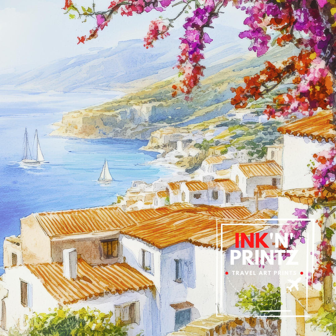 Crete Greece Watercolor Painting Mediterranean Island Wall Art Coastal Landscape Print Decor Gift for Europe Lovers and Greek Travel