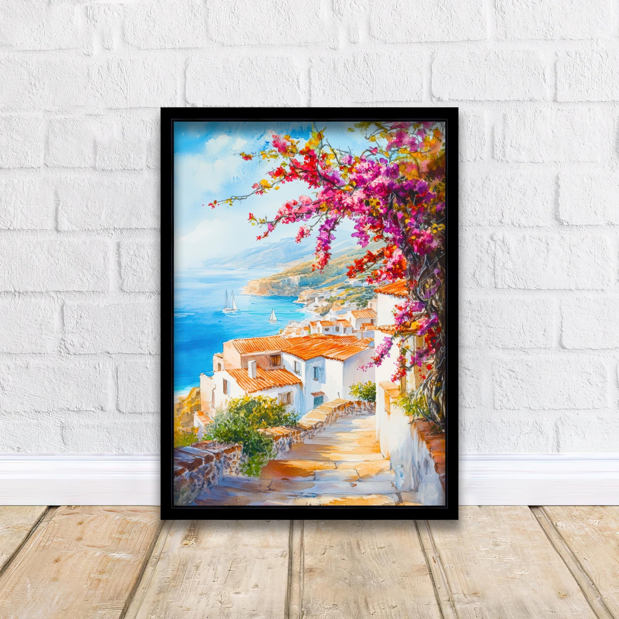 Crete Greece Watercolor Painting Mediterranean Island Wall Art Coastal Landscape Print Decor Gift for Europe Lovers and Greek Travel