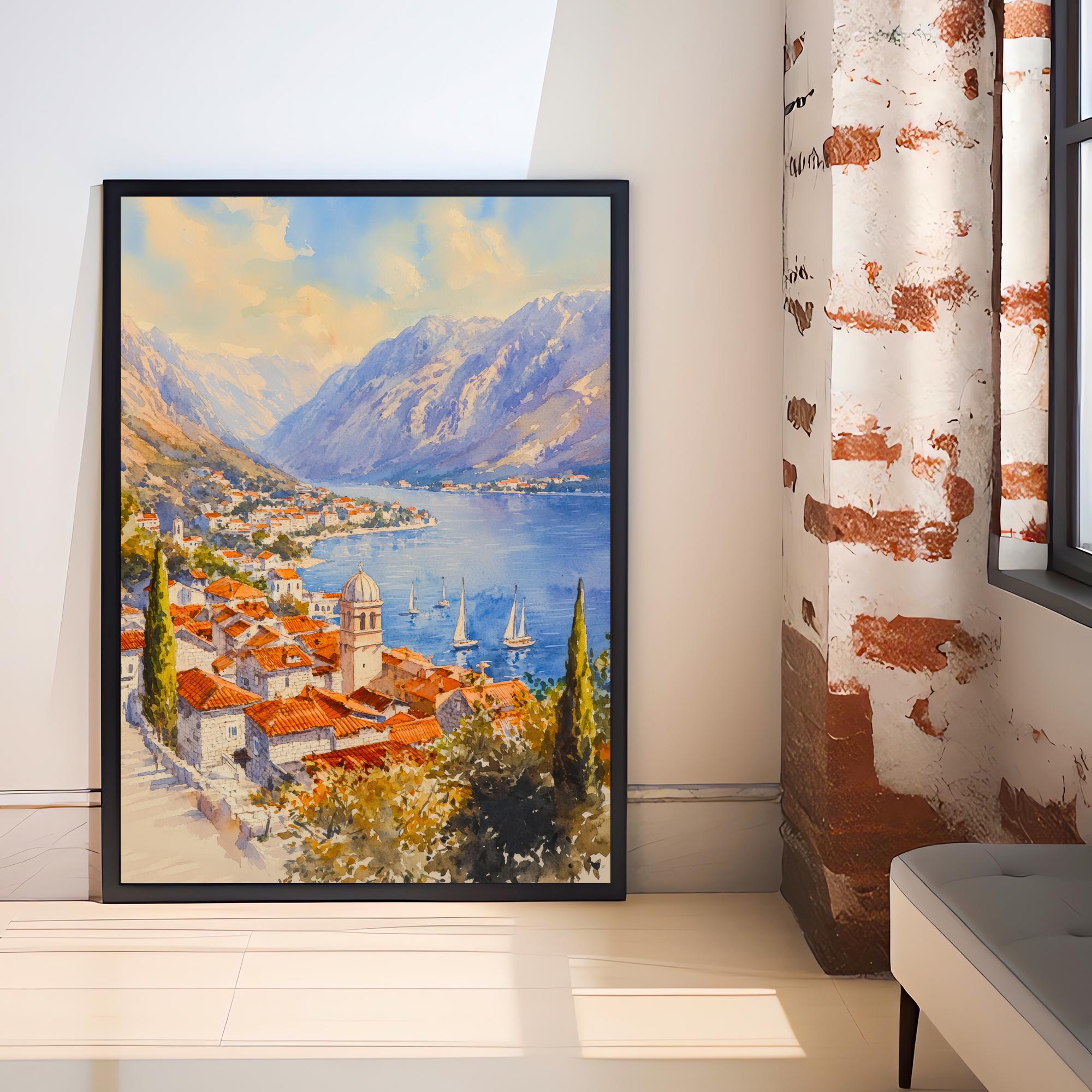 Kotor Bay Montenegro Watercolor Painting Adriatic Coastal Wall Art Scenic Landscape Print Decor Gift for Europe Lovers and Balkan Travel