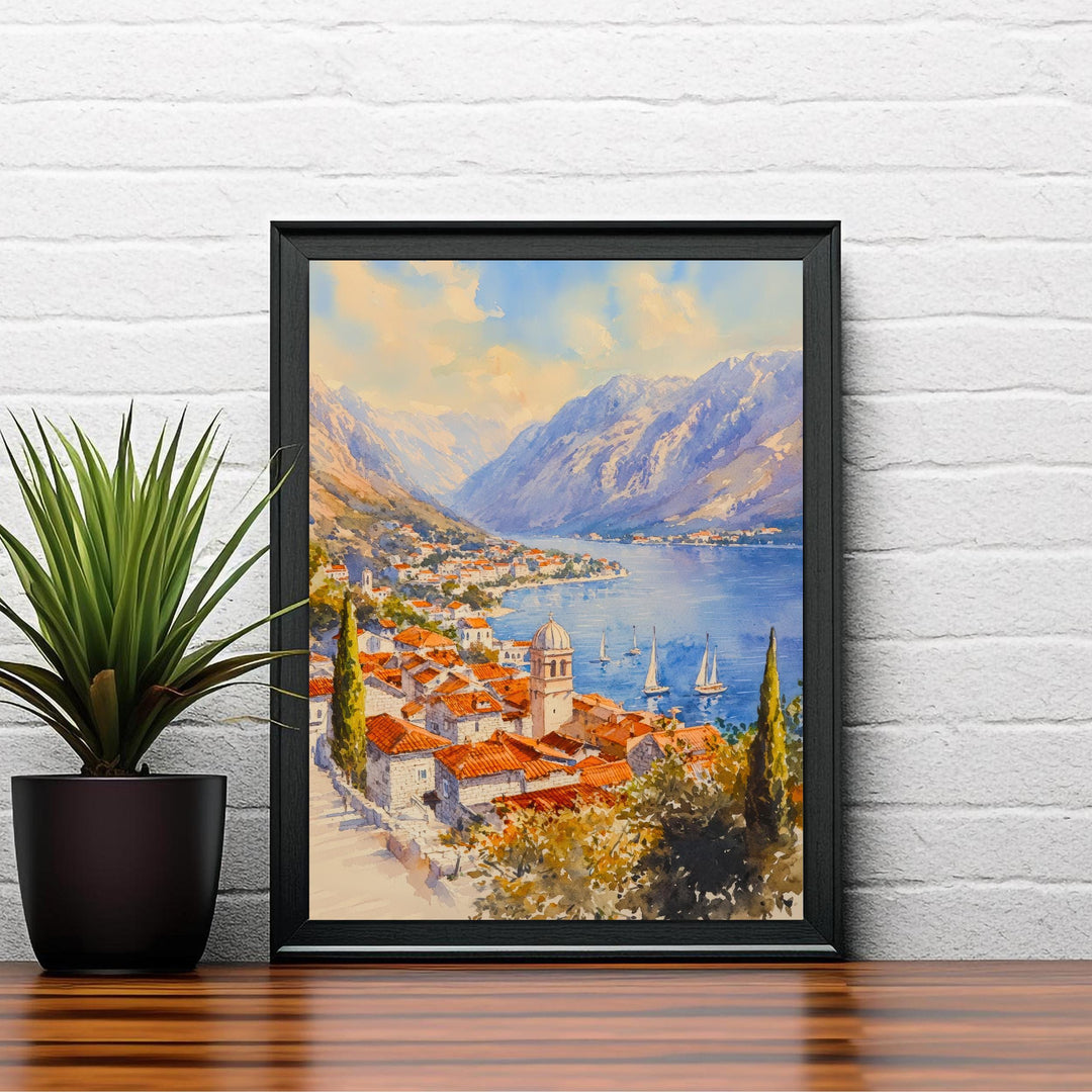 Kotor Bay Montenegro Watercolor Painting Adriatic Coastal Wall Art Scenic Landscape Print Decor Gift for Europe Lovers and Balkan Travel