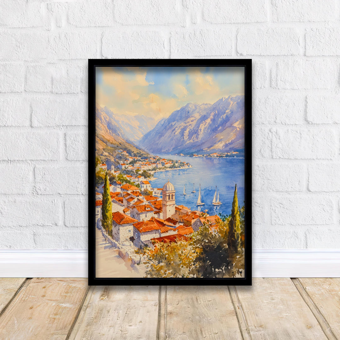 Kotor Bay Montenegro Watercolor Painting Adriatic Coastal Wall Art Scenic Landscape Print Decor Gift for Europe Lovers and Balkan Travel