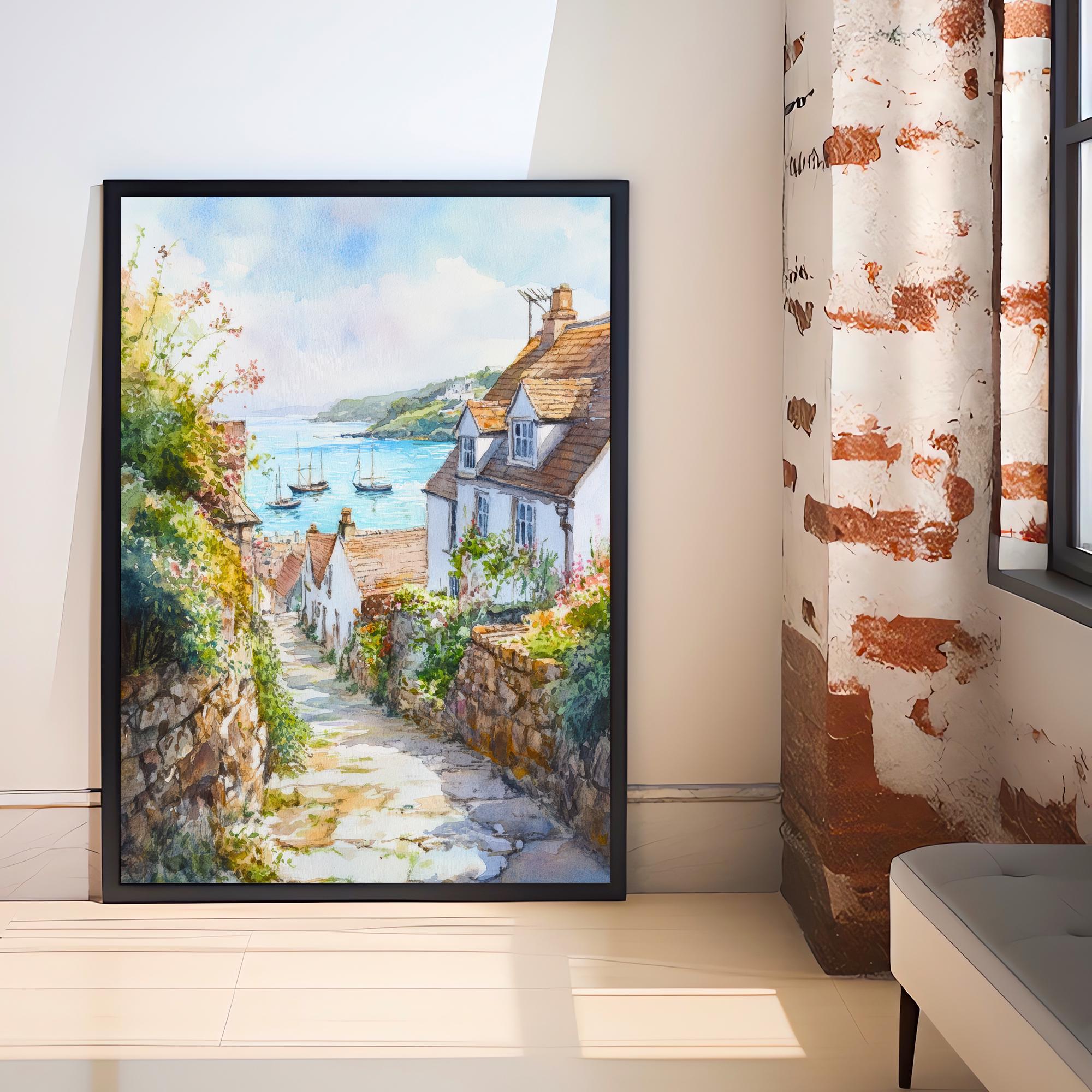 Looe Cornwall England Watercolour Painting Coastal Wall Art Seaside Town Print Decor Gift for UK Beach Lovers and Scenic Harbour Landscape