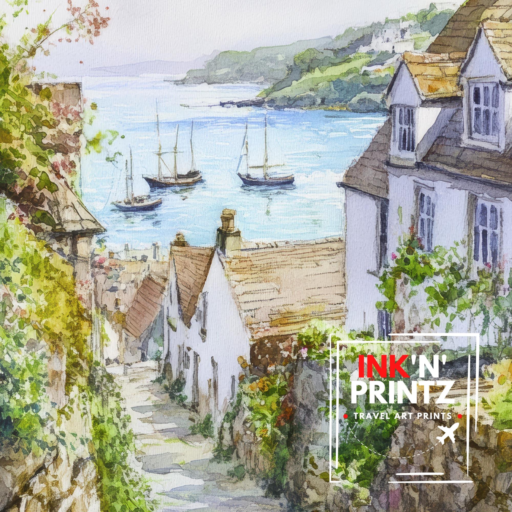 Looe Cornwall England Watercolour Painting Coastal Wall Art Seaside Town Print Decor Gift for UK Beach Lovers and Scenic Harbour Landscape