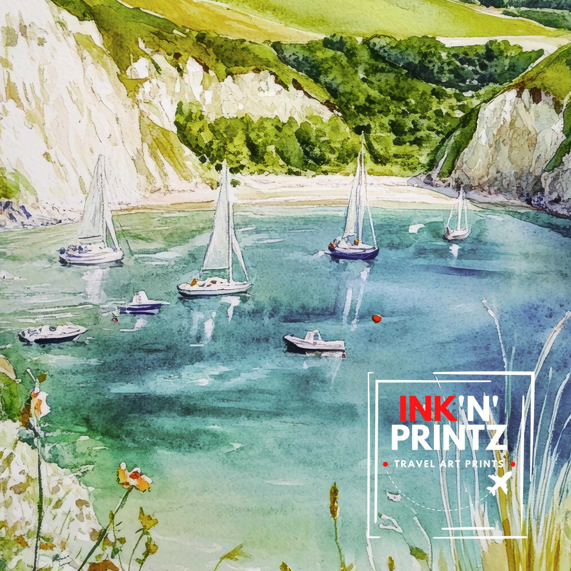 Lulworth Cove Dorset England Watercolor Painting Coastal Wall Art Scenic Landscape Print Decor Gift for UK Beach Lovers and Jurassic