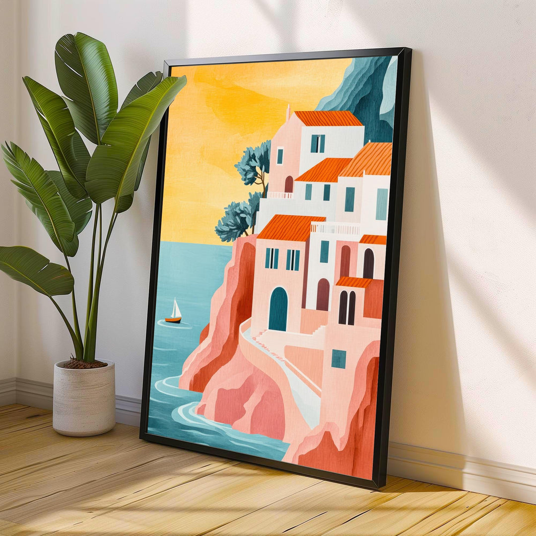 Amalfi Coast Minimalist Travel Poster Print Italy Wall Art Mediterranean Coastal Landscape Gift for Europe Lovers and Fans of Scenic Italian