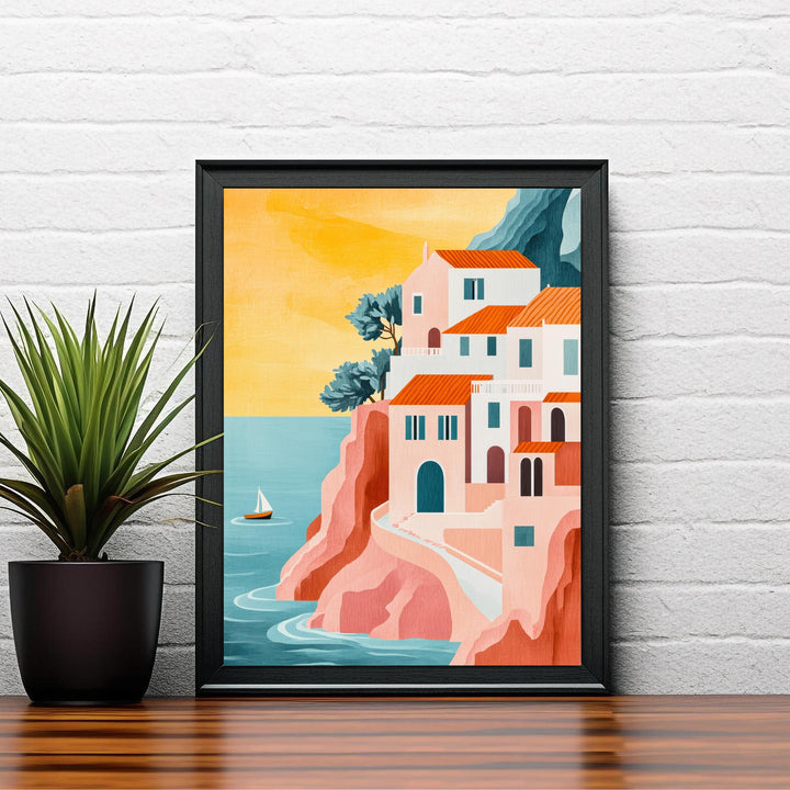 Amalfi Coast Minimalist Travel Poster Print Italy Wall Art Mediterranean Coastal Landscape Gift for Europe Lovers and Fans of Scenic Italian
