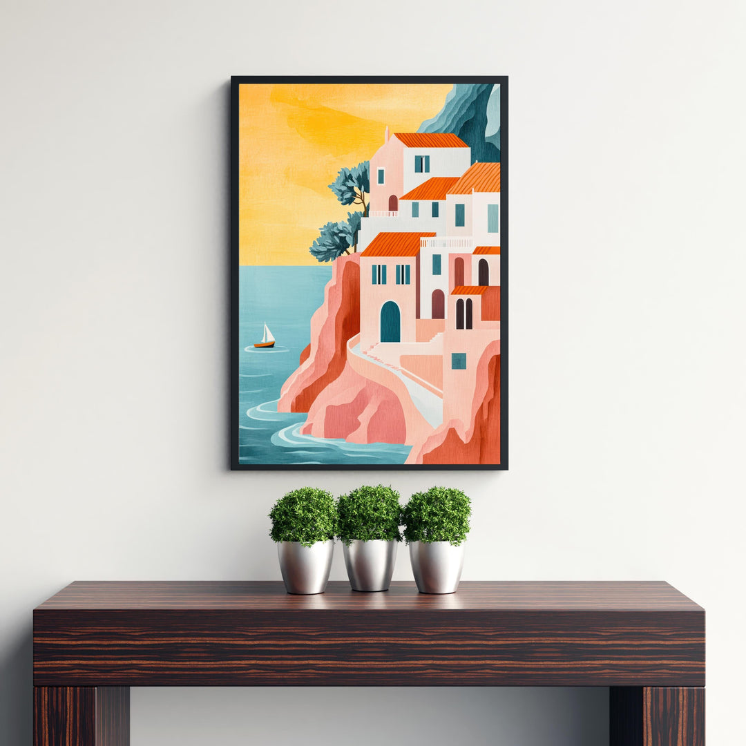 Amalfi Coast Minimalist Travel Poster Print Italy Wall Art Mediterranean Coastal Landscape Gift for Europe Lovers and Fans of Scenic Italian