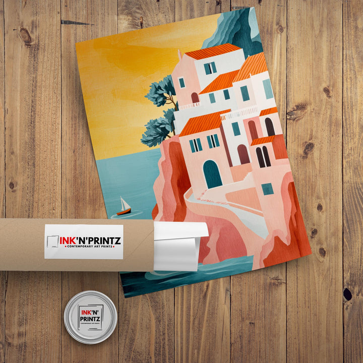 Amalfi Coast Minimalist Travel Poster Print Italy Wall Art Mediterranean Coastal Landscape Gift for Europe Lovers and Fans of Scenic Italian