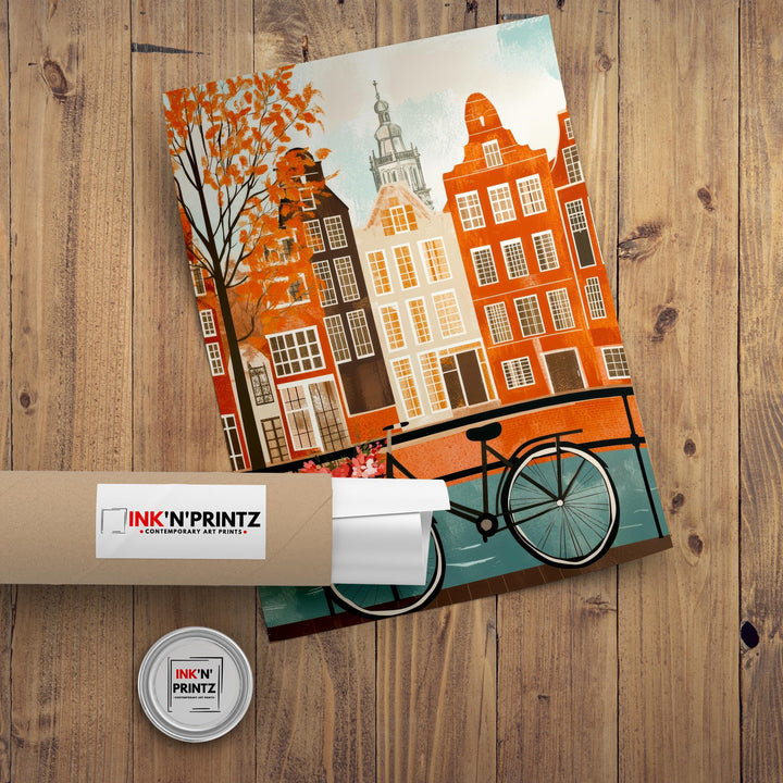 Amsterdam Minimalist Travel Poster Print Netherlands Wall Art City Canal Houses Gift for Europe Lovers and Fans of Scenic Dutch Architecture