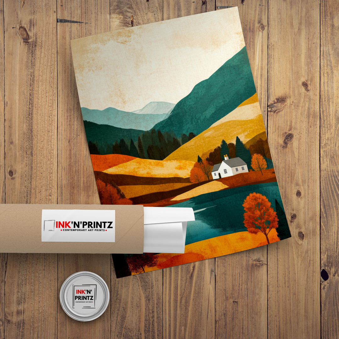 Lake District Minimalist Travel Poster Print England Wall Art Countryside Landscape Gift for UK Nature Lovers and Fans of Scenic Cumbrian