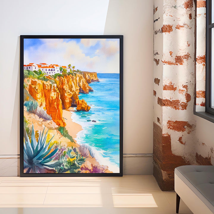 Algarve Watercolor Poster Painting Portugal Coastal Wall Art Praia da Marinha Scenic Cliffside Decor Gift for Europe Lovers and Seaside Fans