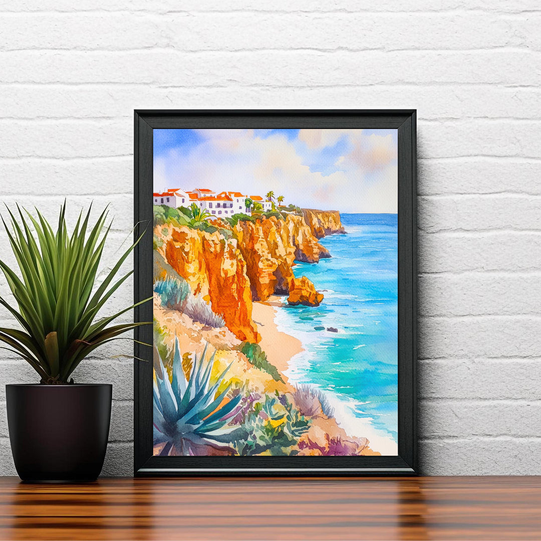 Algarve Watercolor Poster Painting Portugal Coastal Wall Art Praia da Marinha Scenic Cliffside Decor Gift for Europe Lovers and Seaside Fans