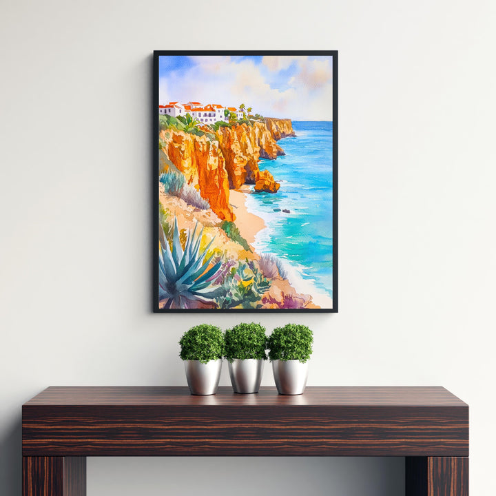 Algarve Watercolor Poster Painting Portugal Coastal Wall Art Praia da Marinha Scenic Cliffside Decor Gift for Europe Lovers and Seaside Fans