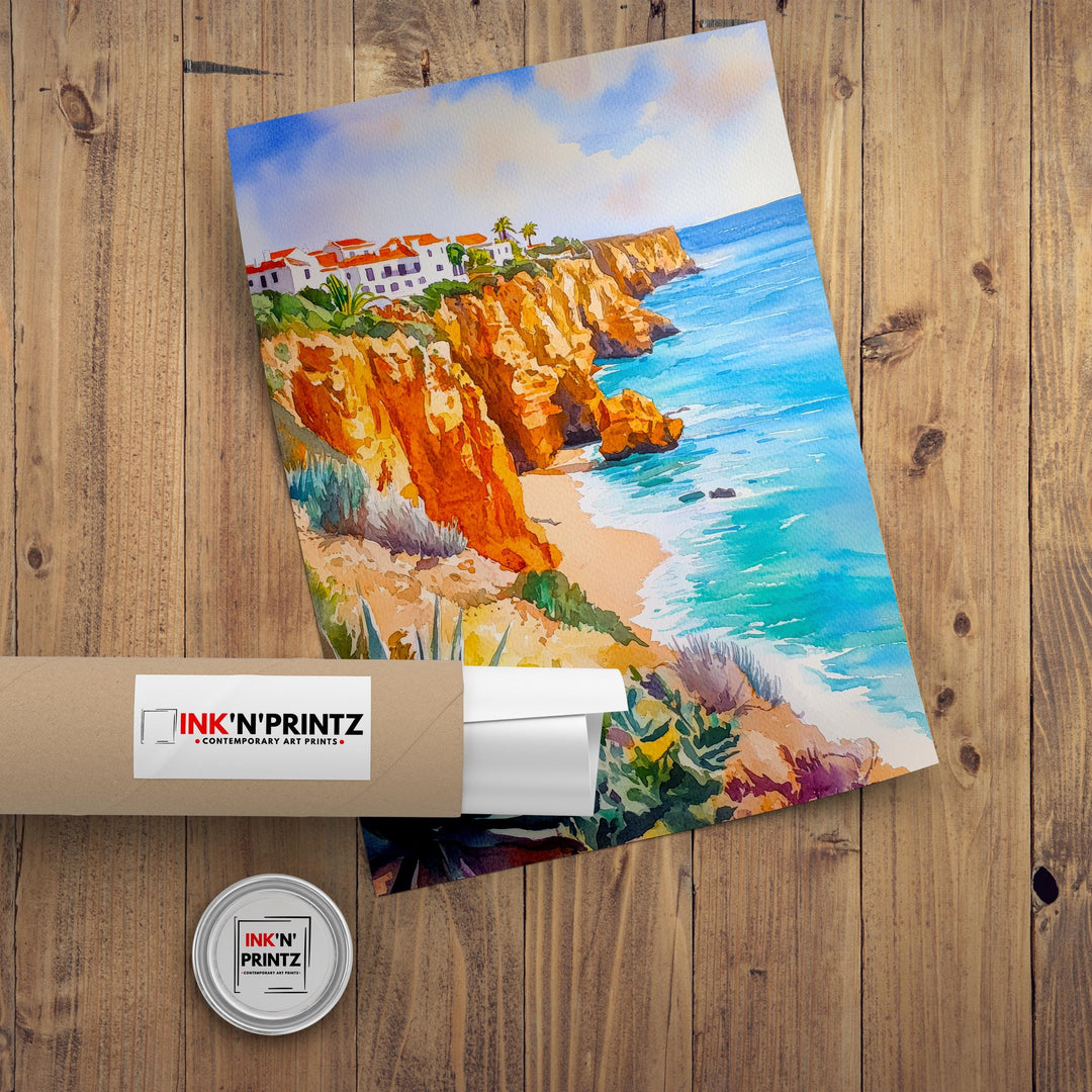 Algarve Watercolor Poster Painting Portugal Coastal Wall Art Praia da Marinha Scenic Cliffside Decor Gift for Europe Lovers and Seaside Fans