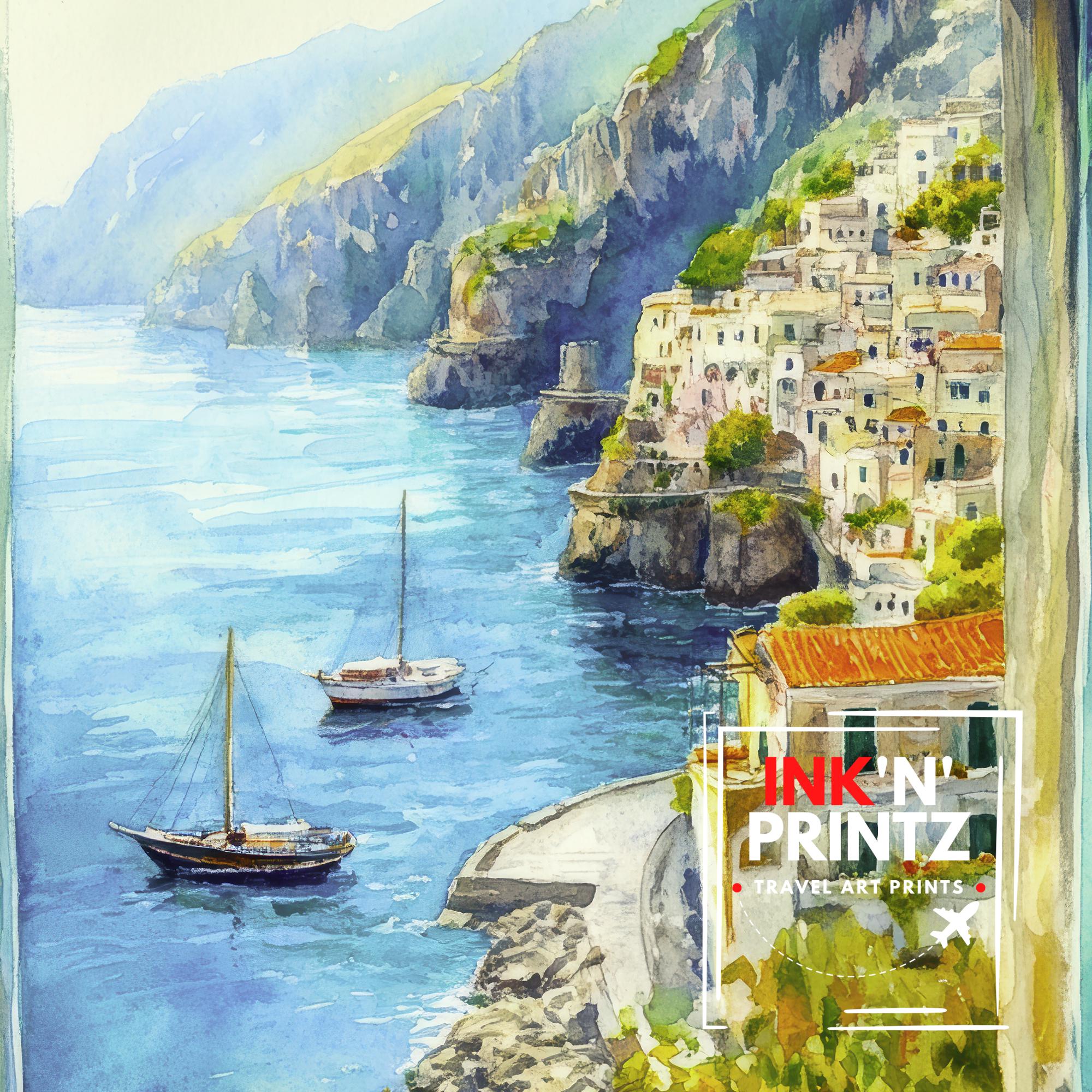 Amalfi Coast Watercolour Poster Painting Italy Wall Art Mediterranean Coastal Print Scenic Landscape Decor Gift for Europe Lovers