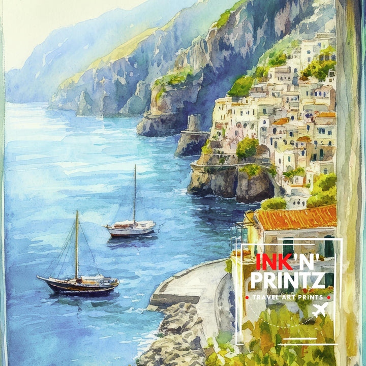 Amalfi Coast Watercolour Poster Painting Italy Wall Art Mediterranean Coastal Print Scenic Landscape Decor Gift for Europe Lovers